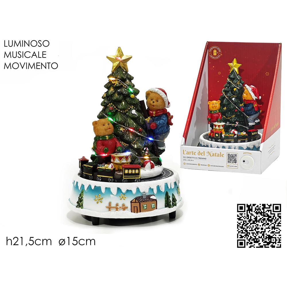 Giostra Carillon Natalizia con Luci Suoni Trenino in Movimento Villaggio Albero con Stella Oro Orsetti H.21,5 cm Decorazione Natale in Scatola Regalo