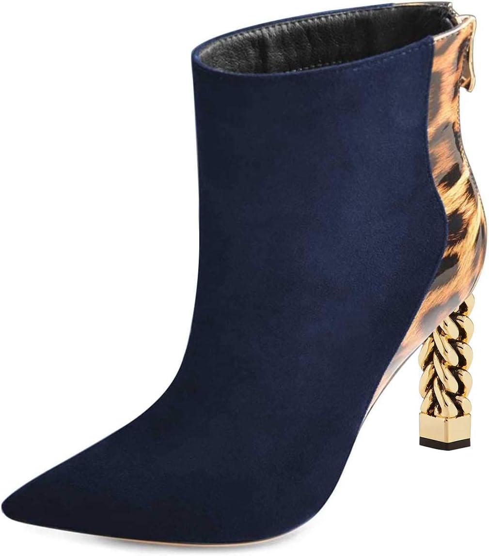 FSJ Women Trendy Pointed Toe Ankle Boot Block Chunky Gold High Heel Bootie Party Prom Shoes with Zipper Size 4-15 US