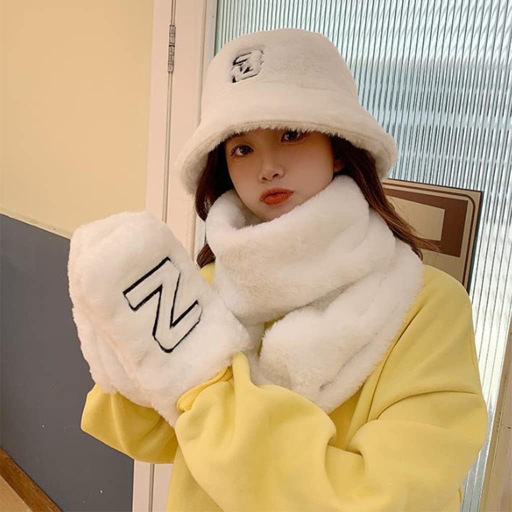 Scarf,Beanie Gloves Scarf Set Cute Bucket Hats For Teens Girls Fuzzy Bucket Hat Fisherman Hat Lady Winter Warm Scarf(Khaki)