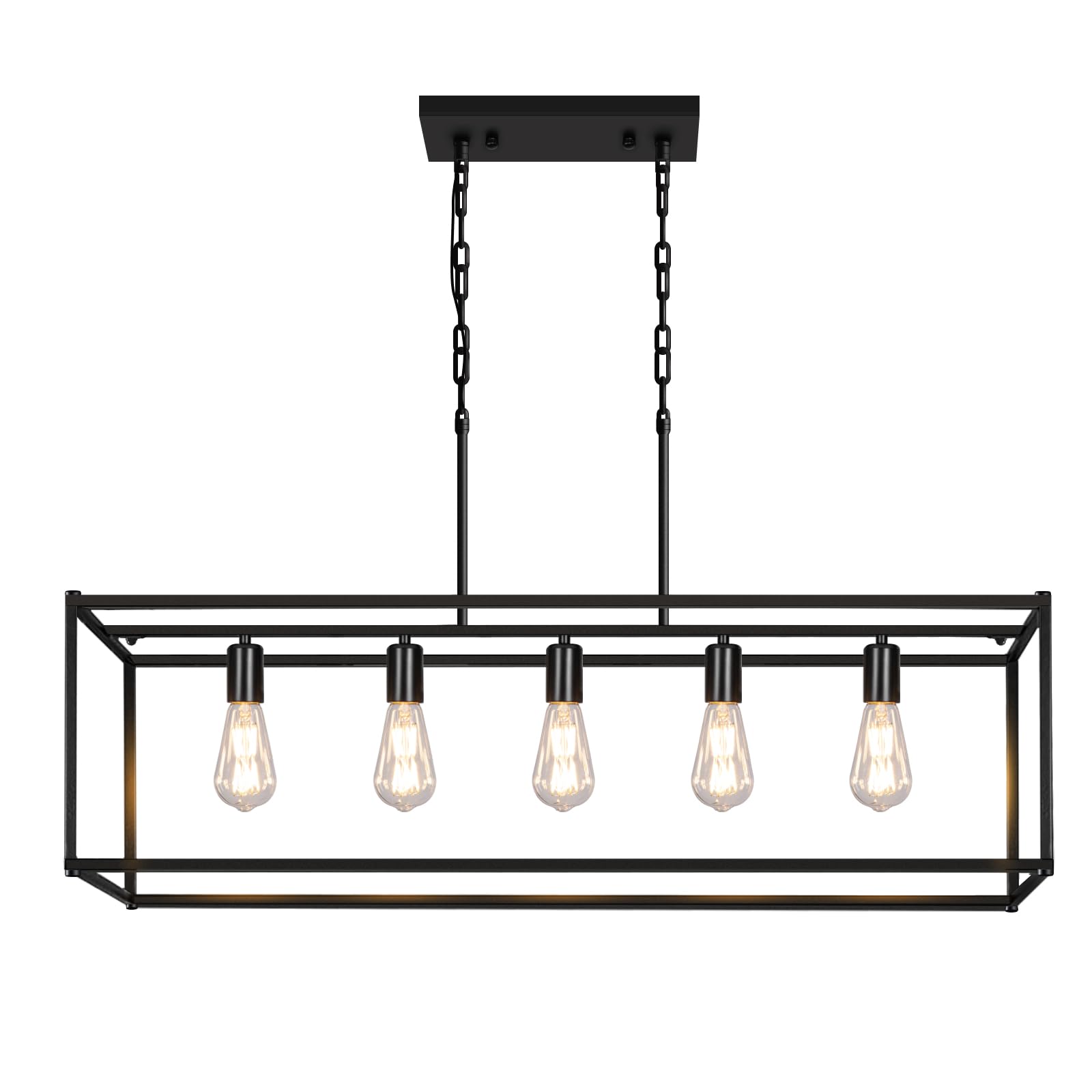 Mikeru 5-Light Rustic Farmhouse Pendant Light, Rectangular Metal Black Kitchen Island Pendant, Height-Adjustable Suspended Fixture, Suitable for Bedroom, Dining Room, Living Room, Farmhouse