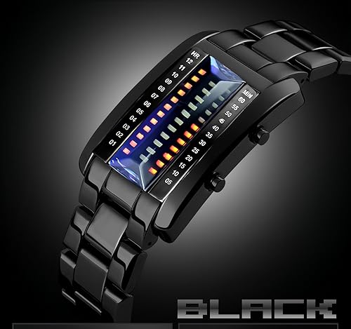 Miniatura 2 de Reloj digital digital para hombre, diseño de matriz binaria creativa, resistente al agua, de acero inoxidable, de plata militar