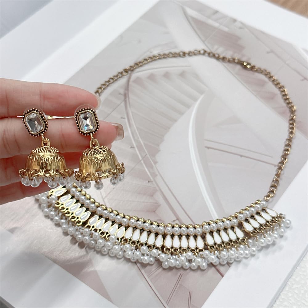 Bohemian Jhumka Earring Necklace Set for Women Bride Wedding Bollywood Crystal Pearl Beaded Antique Gold-Tone Indian Bell Jhumki Dangle Earrings Choker Necklace Ethnic Festive Party Wear Jewelry - Image 6