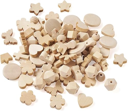 Beadthoven - 100 cuentas espaciadoras de madera natural sin terminar de 10 formas, cuentas sueltas de madera surtidas para hacer joyas, pulseras y