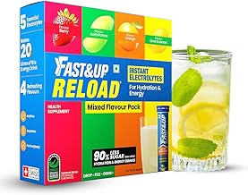 Fast&Up Reload (20 Liters) - (Berry, Aam Panna, Orange, Lime & Lemon)- Low Sugar energy drink for Instant Hydration - Effervescent Tablets with all 5 Essential Electrolytes + Added Vitamins.