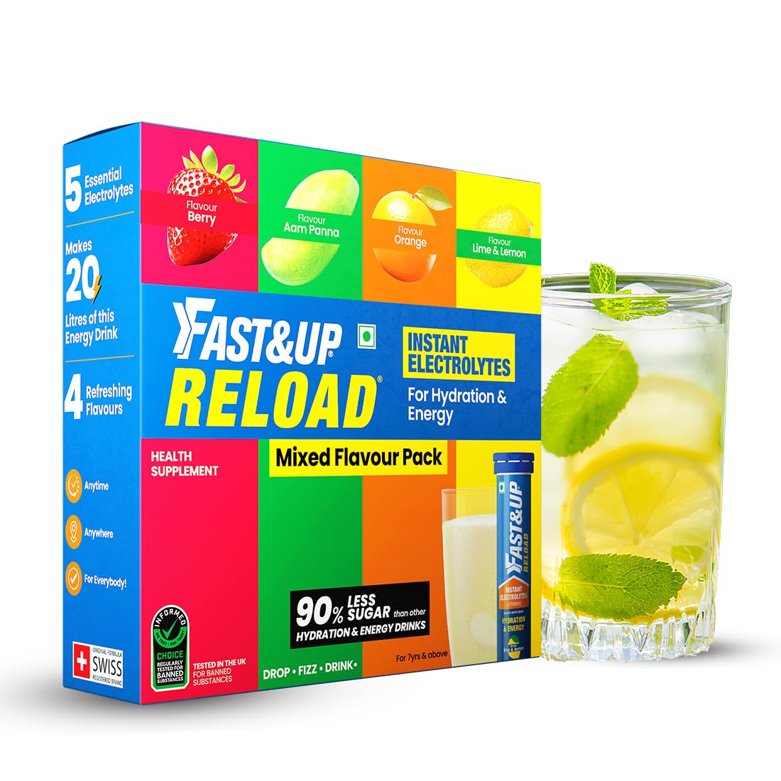 Fast&Up Reload (20 Liters) – (Berry, Aam Panna, Orange, Lime & Lemon)- Low Sugar energy drink for Instant Hydration – Effervescent Tablets with all 5 Essential Electrolytes + Added Vitamins. Fast&Up Reload (20 Liters) – (Berry, Aam Panna, Orange, Lime & Lemon)- Low Sugar energy drink for Instant Hydration – Effervescent Tablets with all 5 Essential Electrolytes + Added Vitamins.