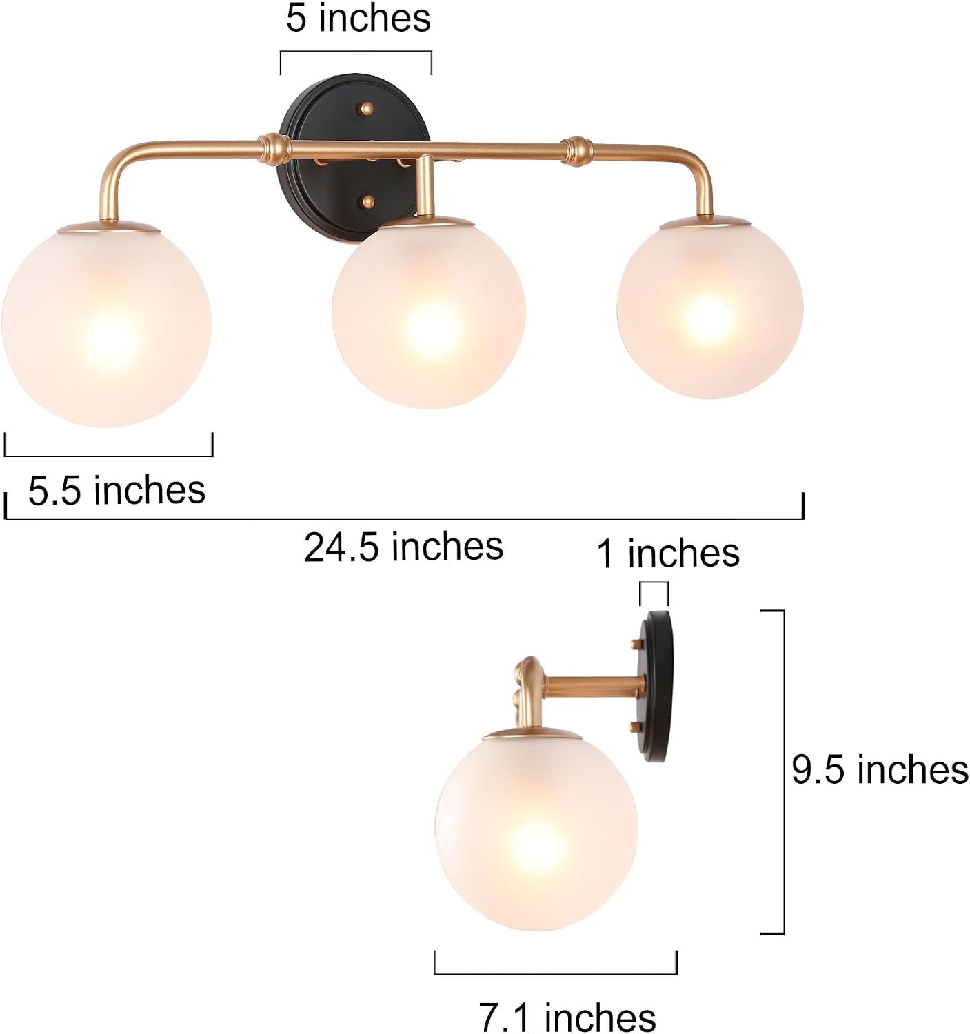 KSANA Bathroom Light Fixtures, 3-Light Black and Gold Vanity Lights with White Frosted Glass Shade, 24.5-inch Modern Bathroom Lighting Over Mirror