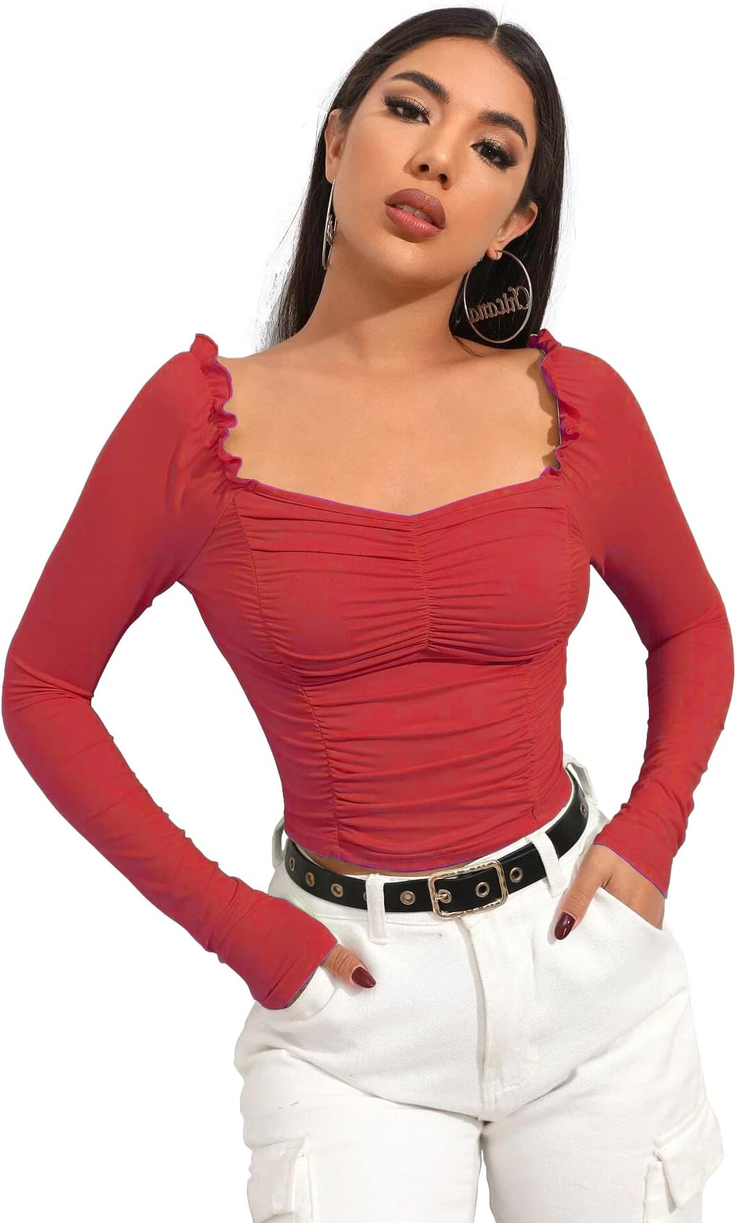 Shasmi Women's & Girl's Polyester Slim Fit Full Sleeve, Sweat Hear Neck, Frill Trim Ruched Crop Top