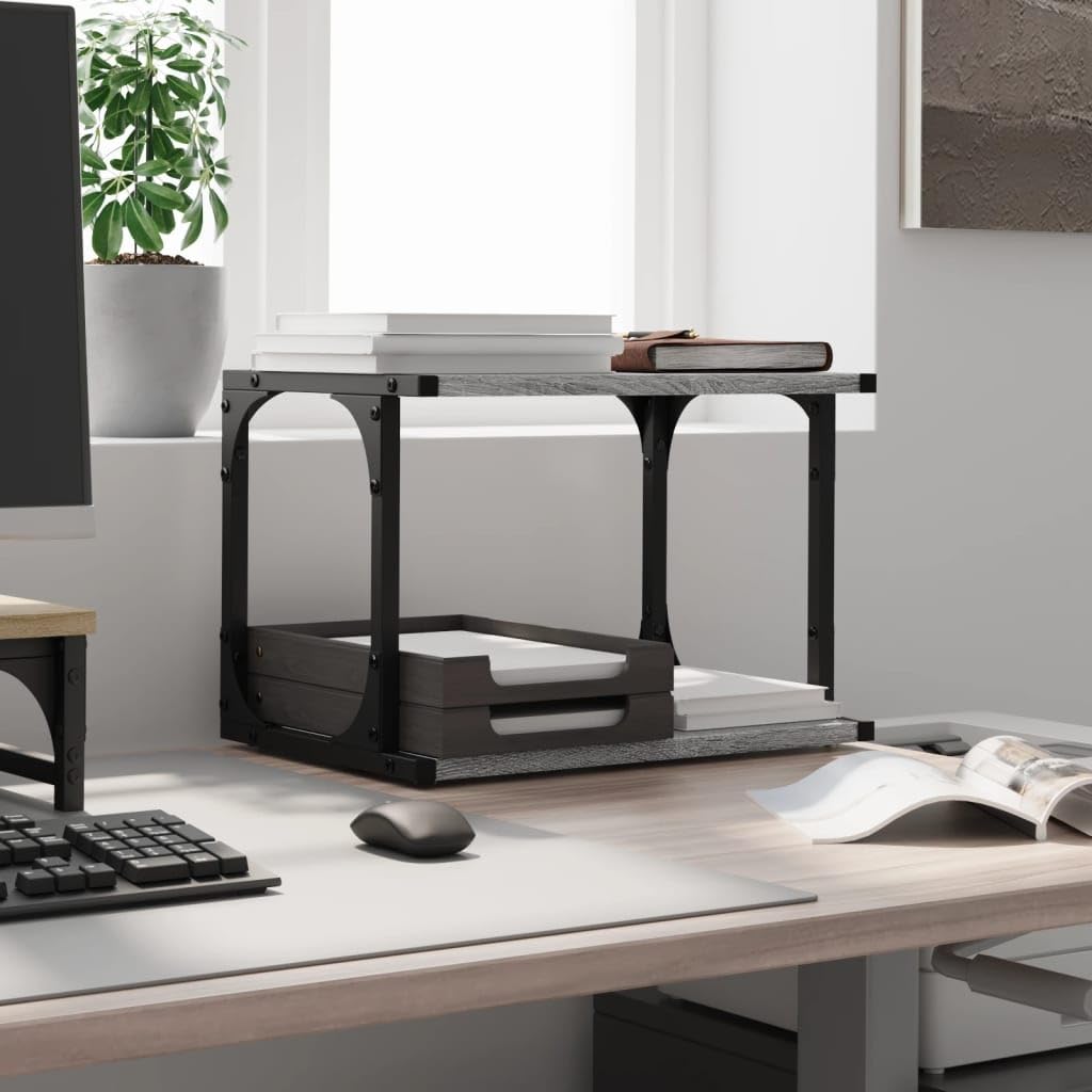 Soporte para impresora enrollable con 2 estantes en roble Sonoma, 41 x 28 x 33,5 cm, mueble de oficina con 2 estantes y ruedas, mesa de impresora con ruedas para uso flexible