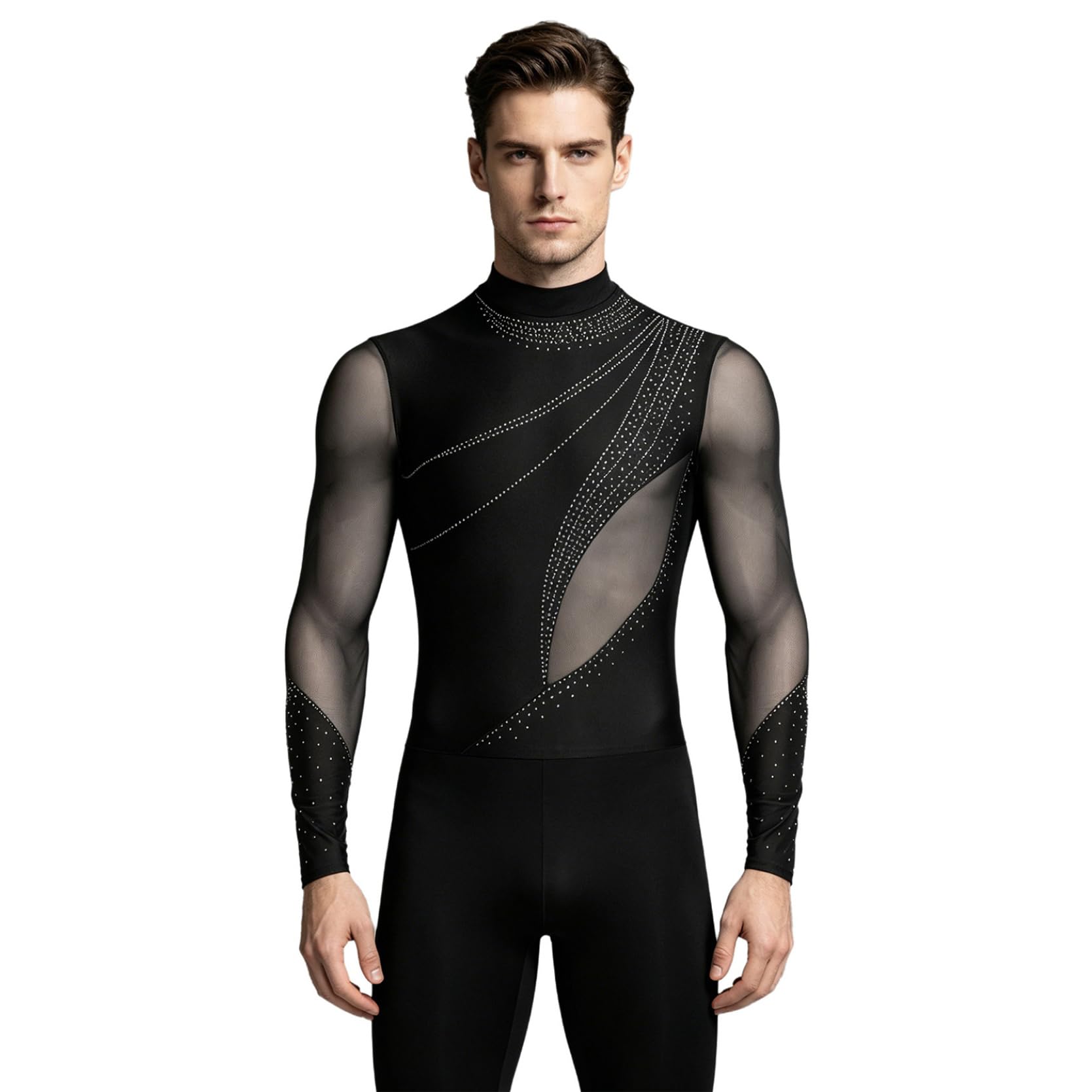 inlzdz Herren Latein Standard Tanzkostüm Hemdbody Langarm Leotard Trikot Glitzer Tanzshirt Oberteil Slim Fit Tanzkleidung