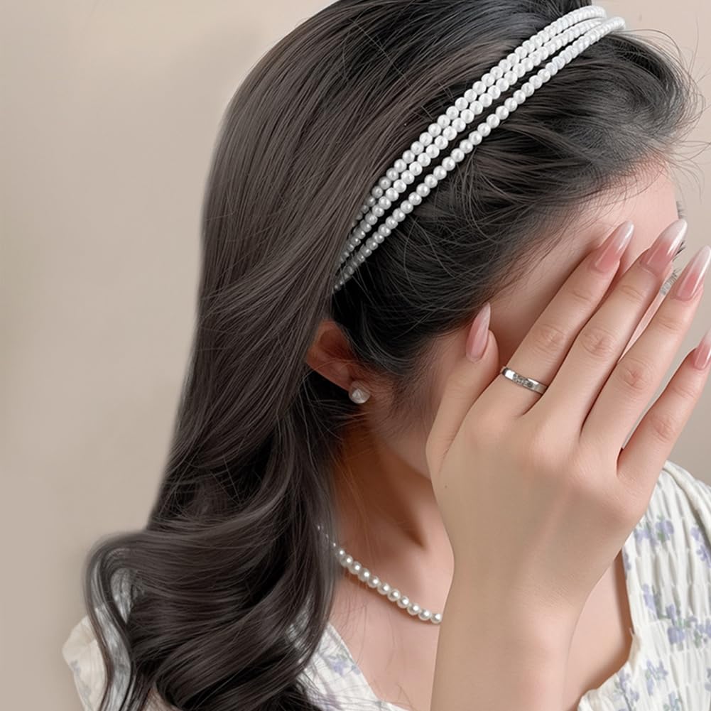 3-Row Pearl Headband for Women, Elegant Minimalist White Crystal Headband, Wide Bridal Hair Accessories for Wedding, Party, Special Occasions - Image 5