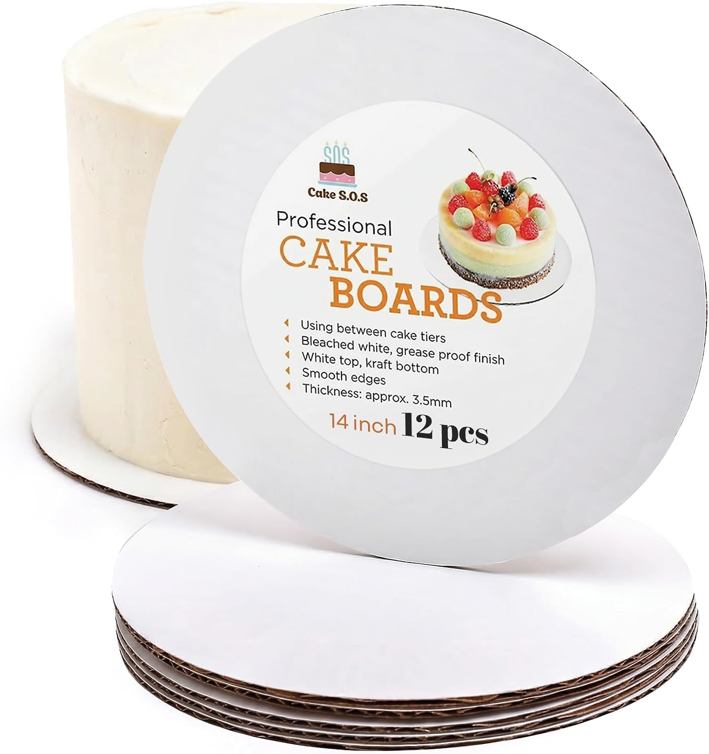 14 inch White Round Coated Cakeboard,Waxed Greaseproof, Disposable Cake Circle Base Boards Cardboard, pack of 12