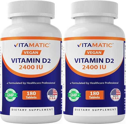 Vitamatic Vitamina D2 60 mcg (2400 UI) - Ergocalciferol - 180 Tabletas Vegetarianas (180 Tabletas (Paquete de 1)) (2 Botellas)