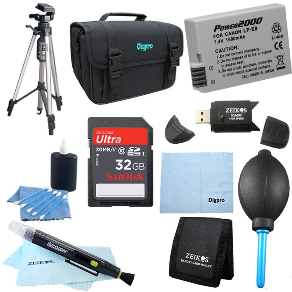LP-E8 Battery 10 pc Kit 32gb SD Card & Reader 60" Tripod Deluxe Case, Lens Cleaning Kit & Pen, Professional Blower, Memory Card Wallet, Micro Fiber Cloth Canon Rebel T5i T3i T4i T2i