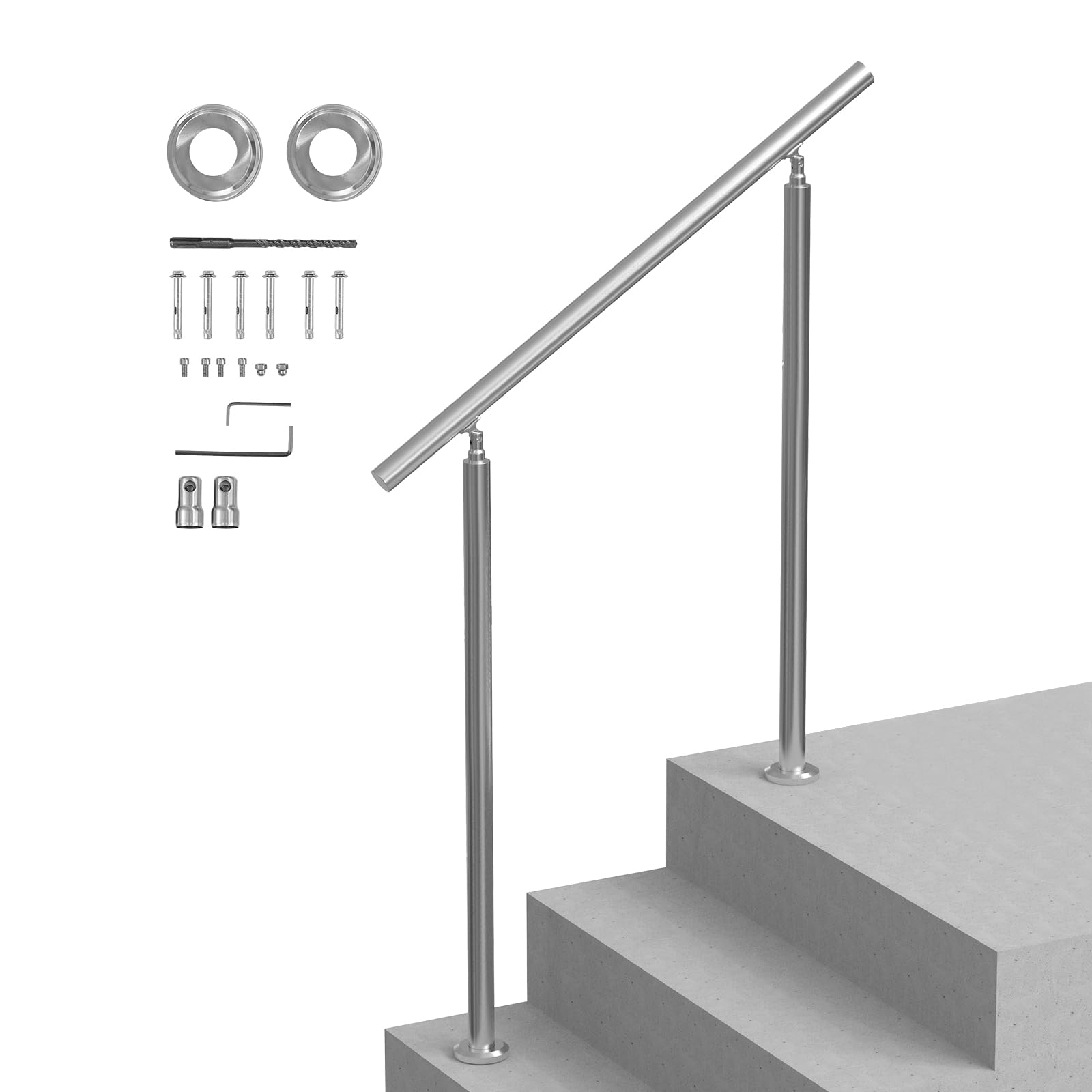 VEVOR Pasamanos de Escalera 100 cm Barandilla de Escalera para Escalones Exteriores de Acero Inoxidable con Kit de Instalación Barra de Agarre de Doble Columna para Personas Mayores, Porche, Patio
