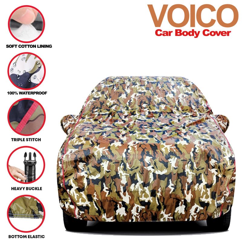 Image of Waterproof Car Body Cover for Maruti Suzuki Eeco - Dust & UV Proof with Mirror Pocket and Soft Cotton Lining (Full Bottom Elastic & Triple Stitched) (Military Jungle Print, Camouflage Design)