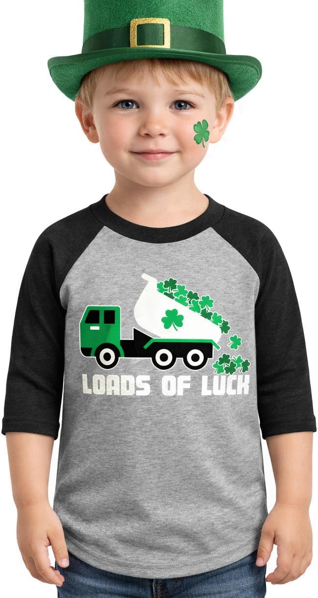 Tstars St Patrick's Day Toddler Raglan Shirt - Dump Truck Construction Shamrock 3/4 Sleeve Kids Tee