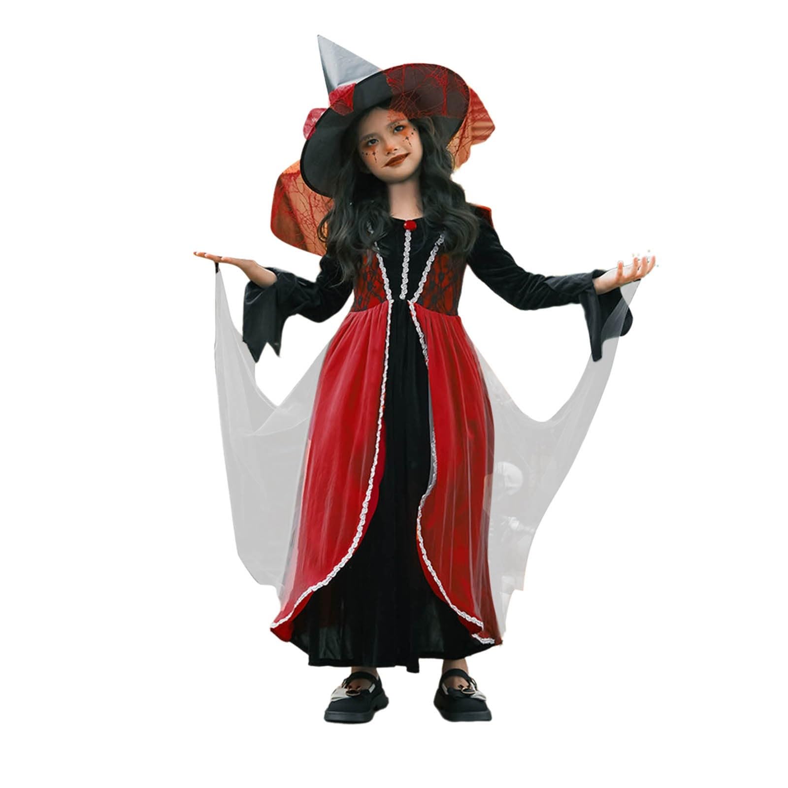 Generisch Disfraz de bruja para niña, disfraz de Halloween | Bata larga negra con capucha, cinturón, manga larga, para teatro y desfiles de Halloween
