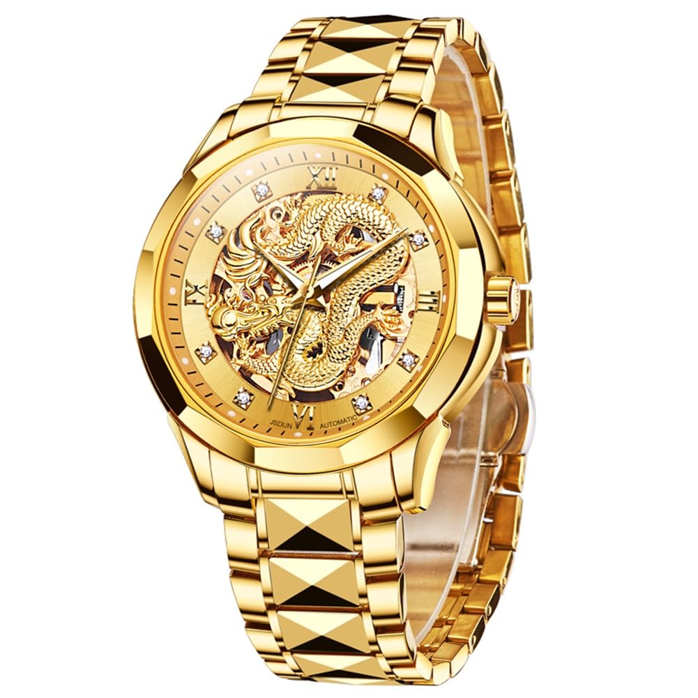 OLEVS Gold Watches for Men Luxury Automatic Dragon Skeleton Watches Mechanical Business Dress with Tungsten Steel Luminous 5atm Waterproof Diamond Fashion Wrist Watch