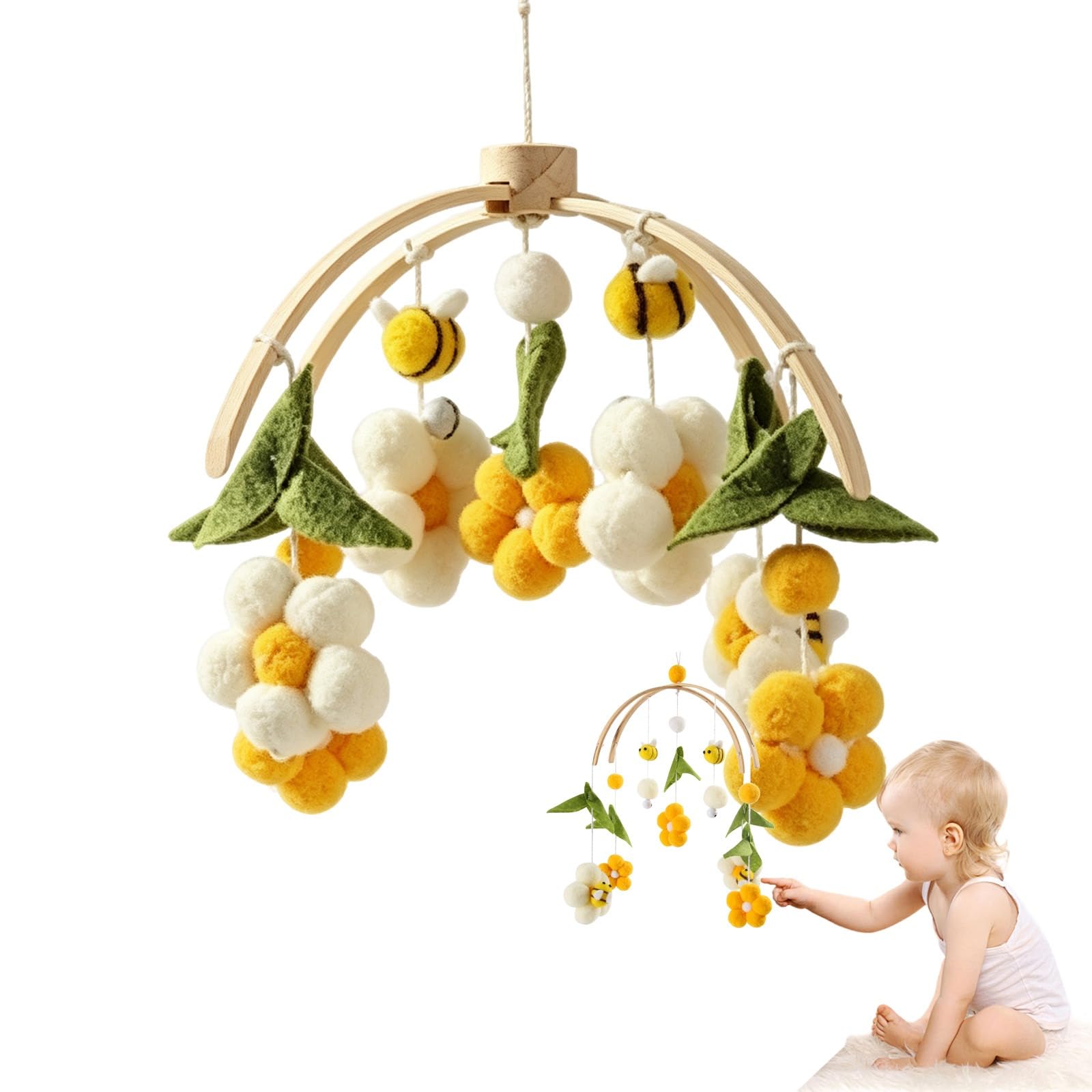 Baby Crib Mobile, Felt Bee Flower Hanging Mobile, Wooden Frame Nursery Hanging Decor, Boho Crib Mobile for Infant Baby Shower Present (White)