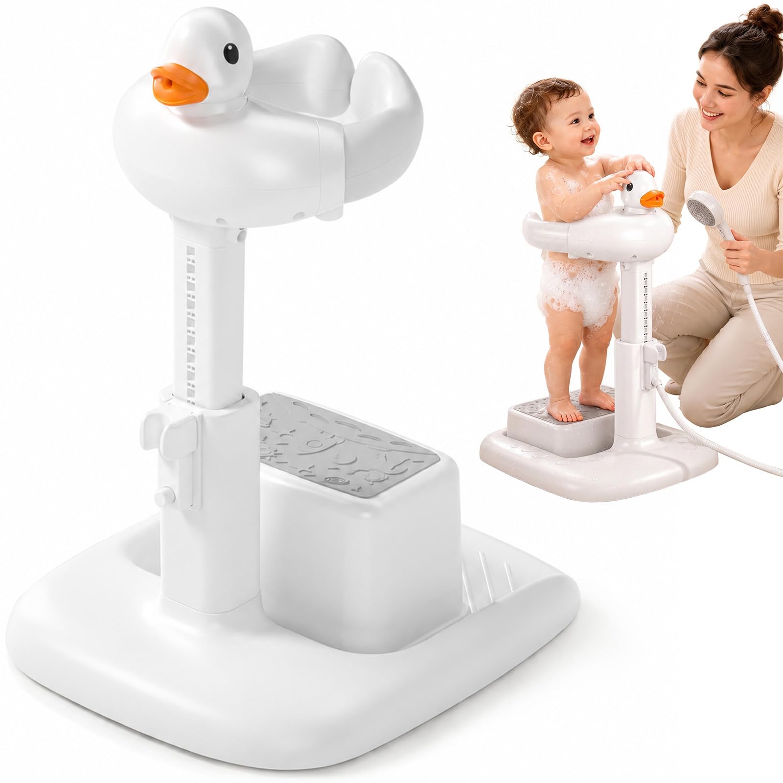 Badewannensitz Baby - Baby Badewannenständer mit Rutschfester Basis, Höhenverstellbar 45-63cm, Duschhilfe für Kleinkinder, mit Musikfunktion