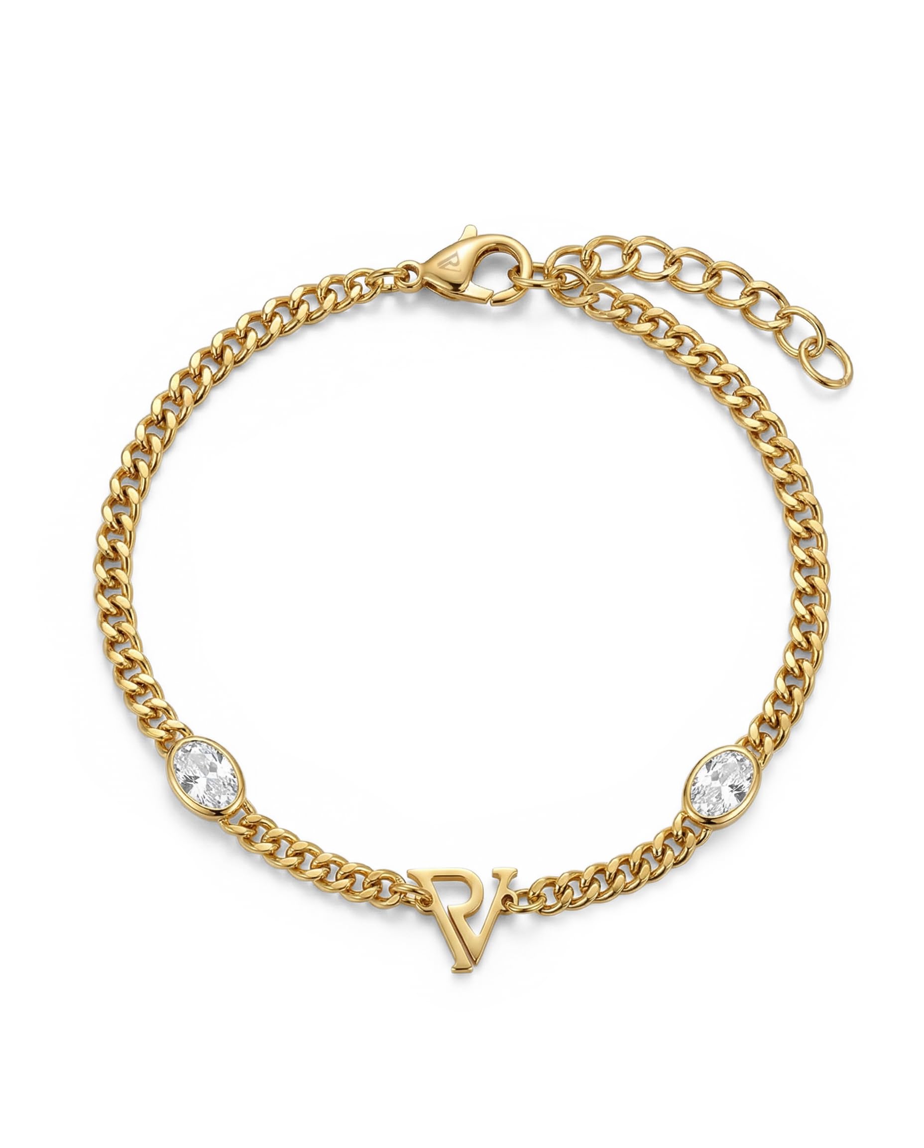 PAUL VALENTINE - Damen Armband Edelstahl - Vergoldet/Golden - mit Zirkonia Stein - PV Logo Anhänger - PV-B0029