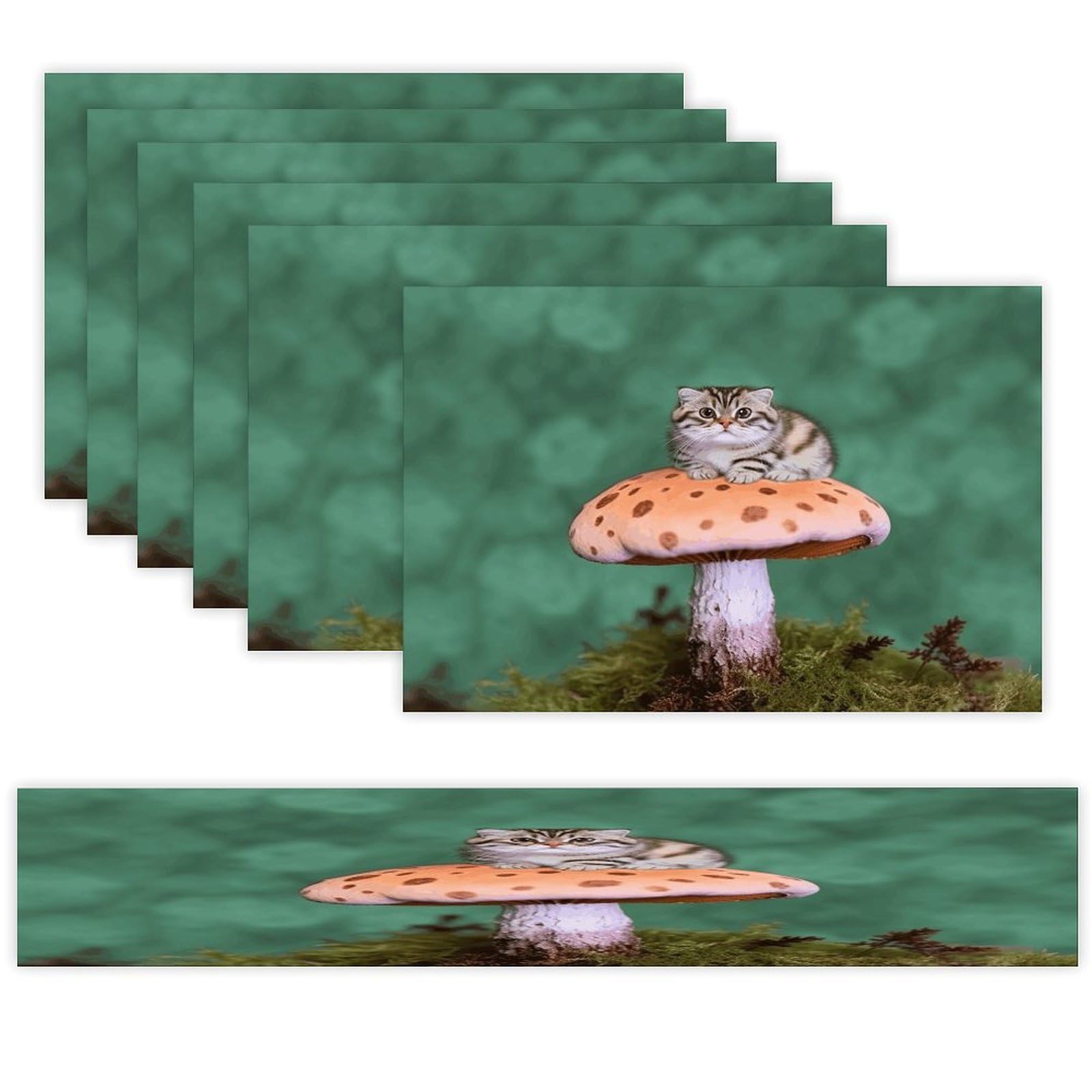Cat on Mushroom Table Runner and Placemats Set of 6 Heat Resistant Table Runner Place Mats Modern Cloth Table Mat Washable Linen Placemat Festive Reusable Set