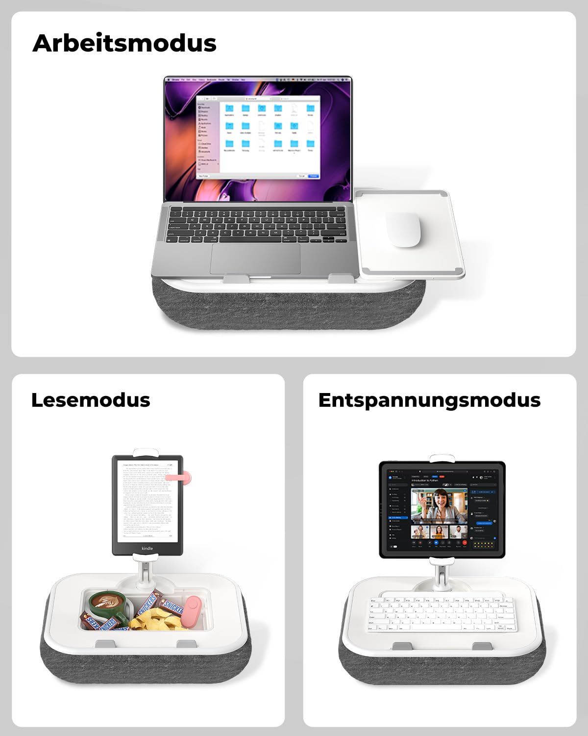 SupeDesk Kindle Halterung Kissen, Tablet Halterung,Kindle Halter,kompatibel mit 4,7-15" Handy/Kindle/Tablet/Laptop, Laptopständer mit Mauspad,Snackbox,Becherhalter & 360° drehbarer Arm für Bett, Sofa