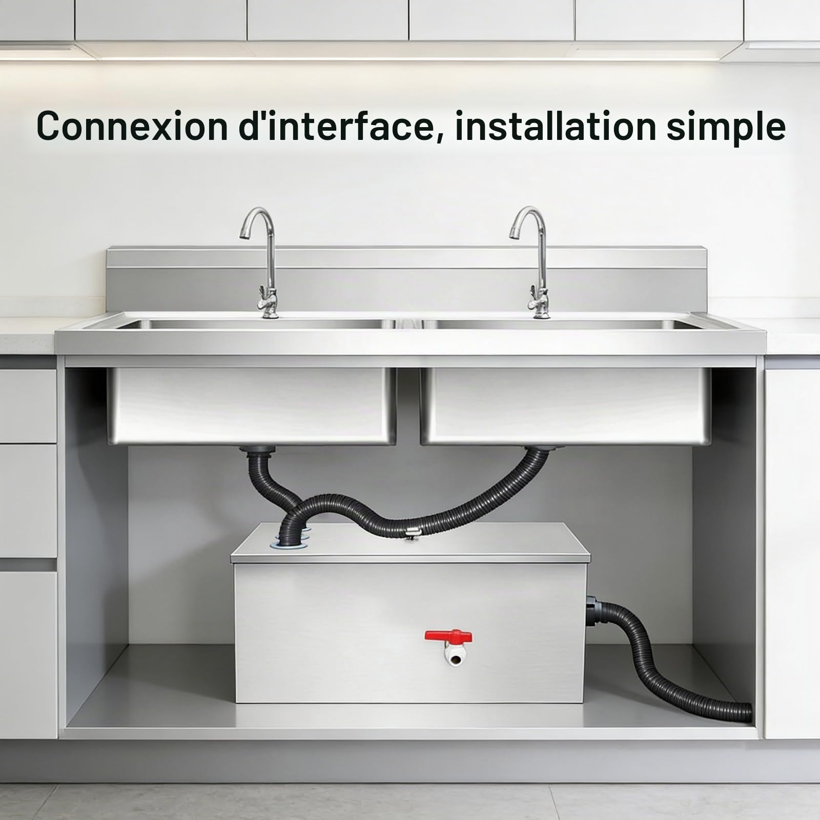 Piège à Graisse Commercial Interceptor 54L en Acier Inoxydable, avec 3 Entrées Supérieures, pour Cuisine, Restaurant, Cantine, Evier de Cuisine, Séparateur D'eaux Usées, 60 x 30 x 30 cm