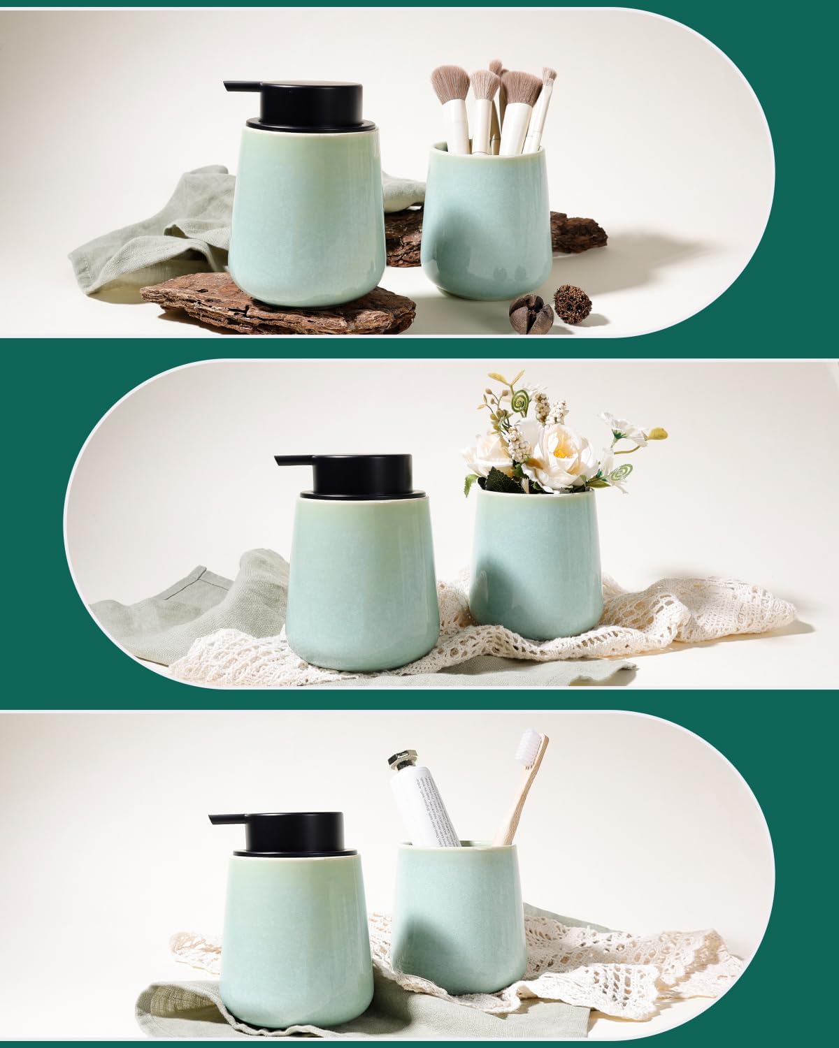 BosilunLife Hand Soap Dispenser - Ceramic Dish Soap Dispenser for Bathroom 12ounce Refillable Liquid Hand Wash Dispenser for Essential Oil, Lotion Soap, Light Green - Image 6