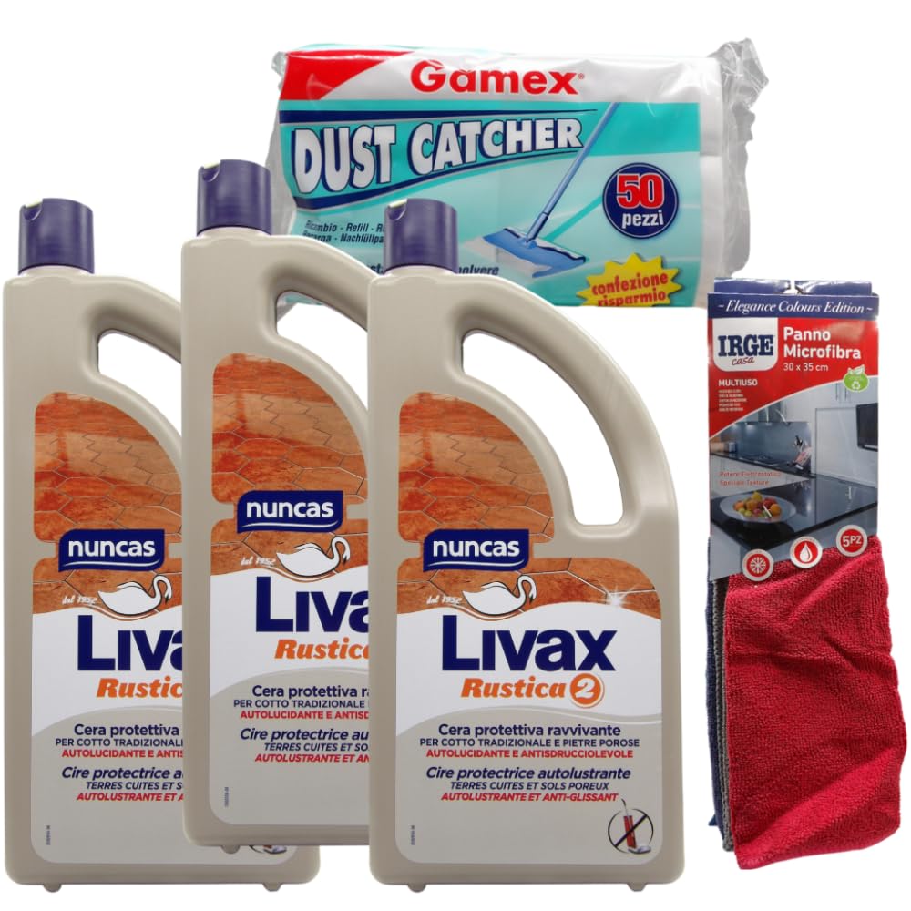 NUNCAS SET 3 PEZZI LIVAX RUSTICA 2 + GAMEX 50 panni elettrostatici catturapolvere 22x29cm+ pacco scorta 5 panni microfibra 30x40cm