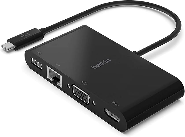 Belkin USB-C Multimedia Adapter (USB-C Hub w/ VGA, 4K HDMI, USB 3.0, Ethernet Ports) 100W Passthrough Power for MacBook Pro, iPad Pro, Surface Pro, Chromebook more