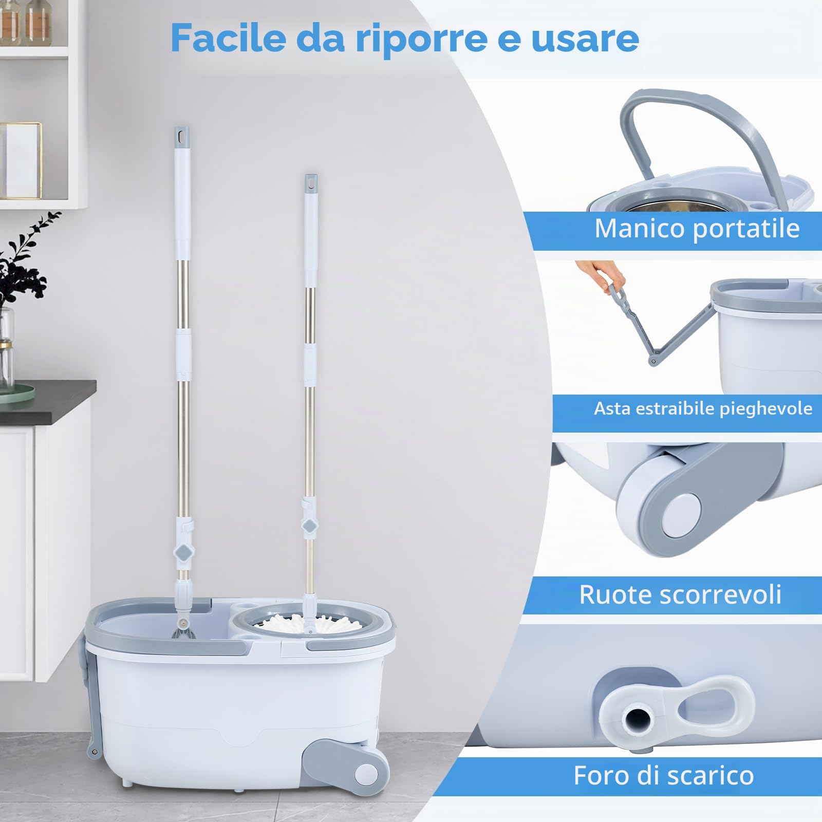 GIANTEX Set Mocio e Secchio Girevole, Mocio Piatto in Microfibra con Manico Telescopico, Secchio con Ruote, Funzione di Lavaggio e Asciugatura, 2 Cuscinetti Inclusi