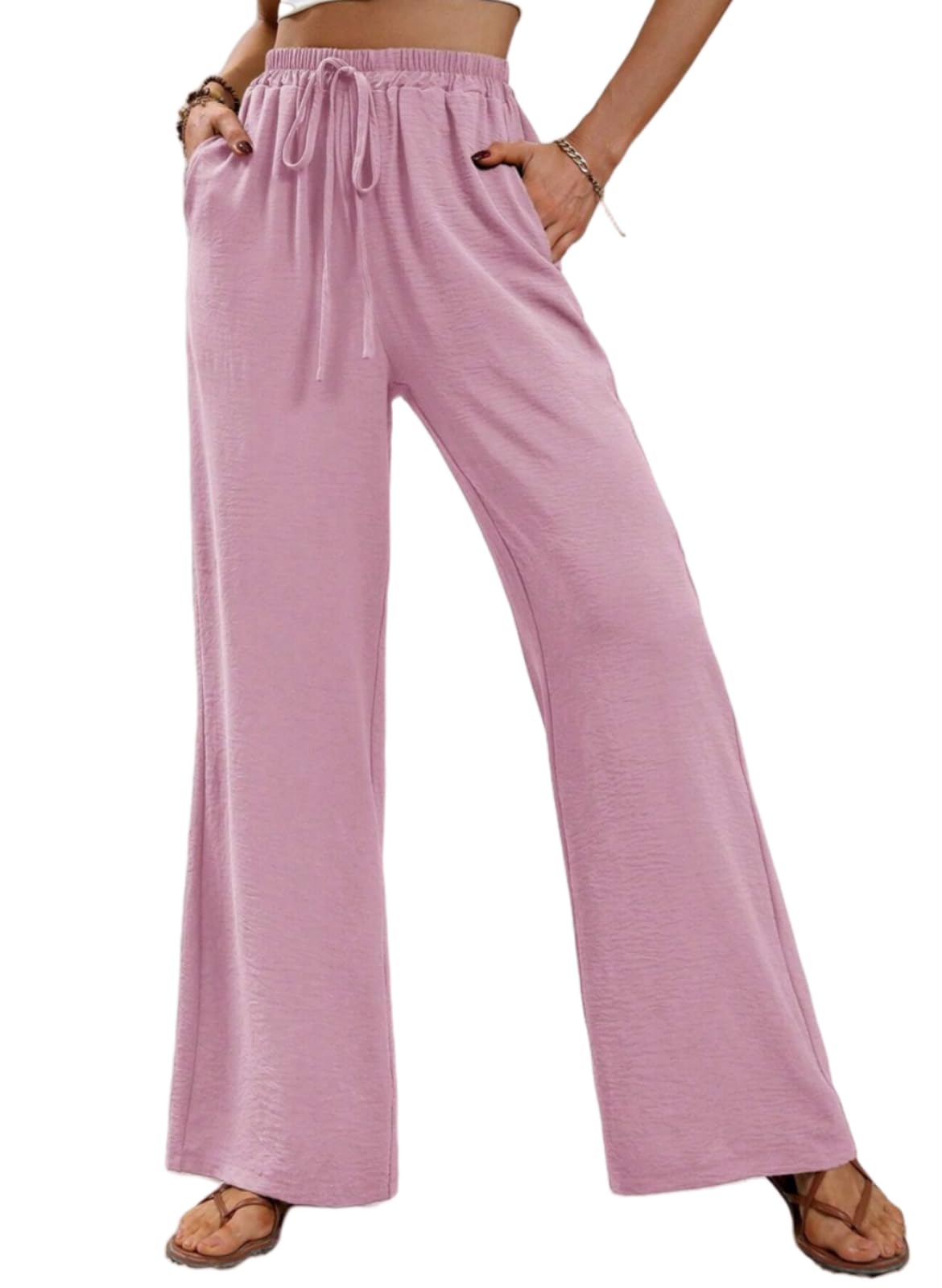 SIAOMA Womens Wide Leg Pants Solid Color High Waist Elastic Trousers Pants with Pockets Pink Large