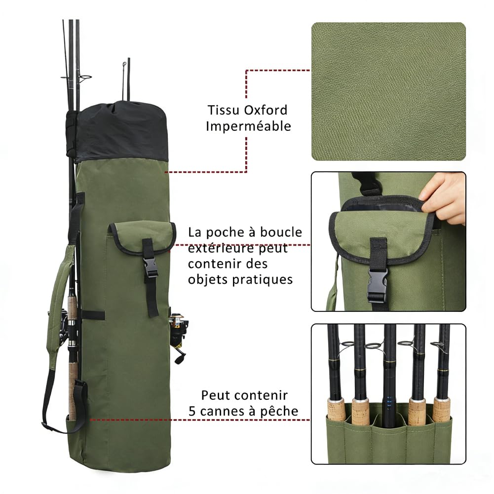 Sac Canne à Pêche Étanche Housse Pliante Grande Capacité Sangle Réglable Canne Moulinet