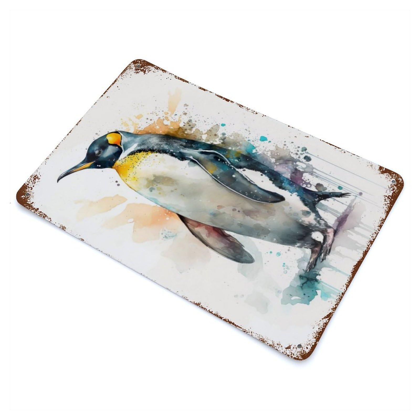 Penguin Watercolor Distressed Metal Wall Sign 11.8"x7.9", Rustic Home Decor for Farmhouse, Kitchen And Entryway Decor