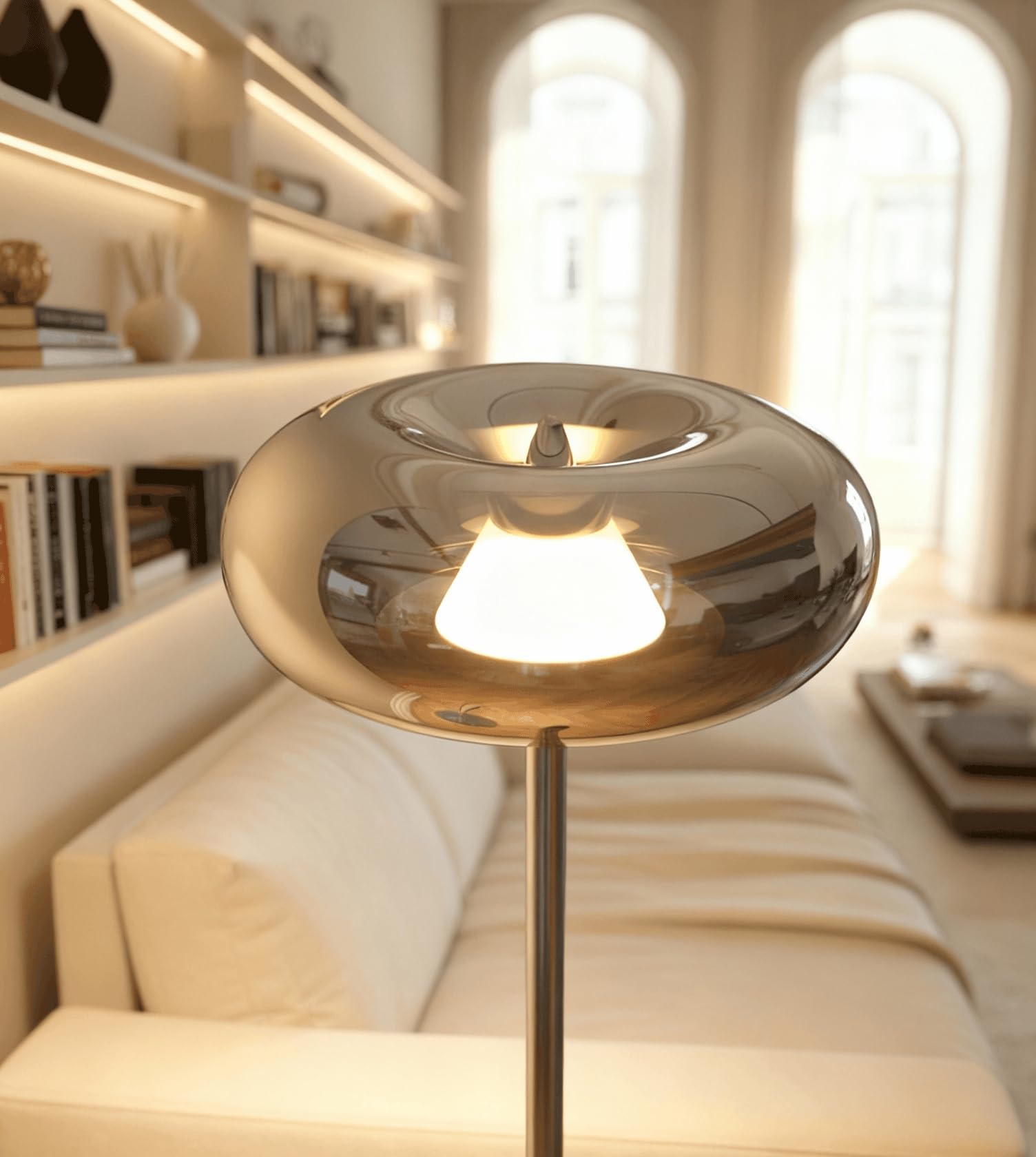 NEONA LUMIRA LED Stehleuchte Dimmbar im Pilzdesign, Retro Stehlampe mit Touch-Dimmer aus Glas und Metall, Warmweiß 2700K, 450 Lumen, Chrom (Chrom)