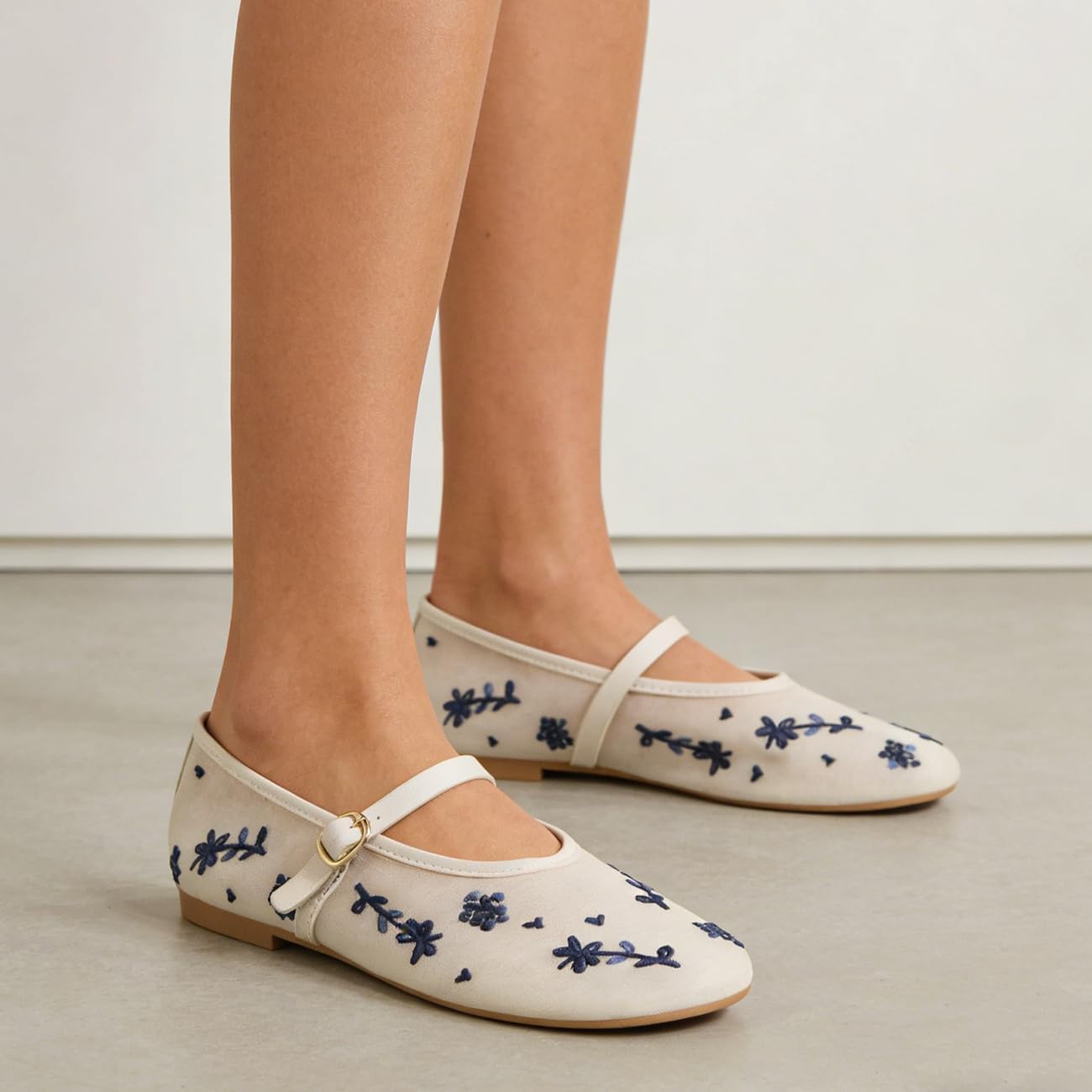 Causal Mesh Ballet Flats for Women Embroidered Floral Ballerina Mary Janes