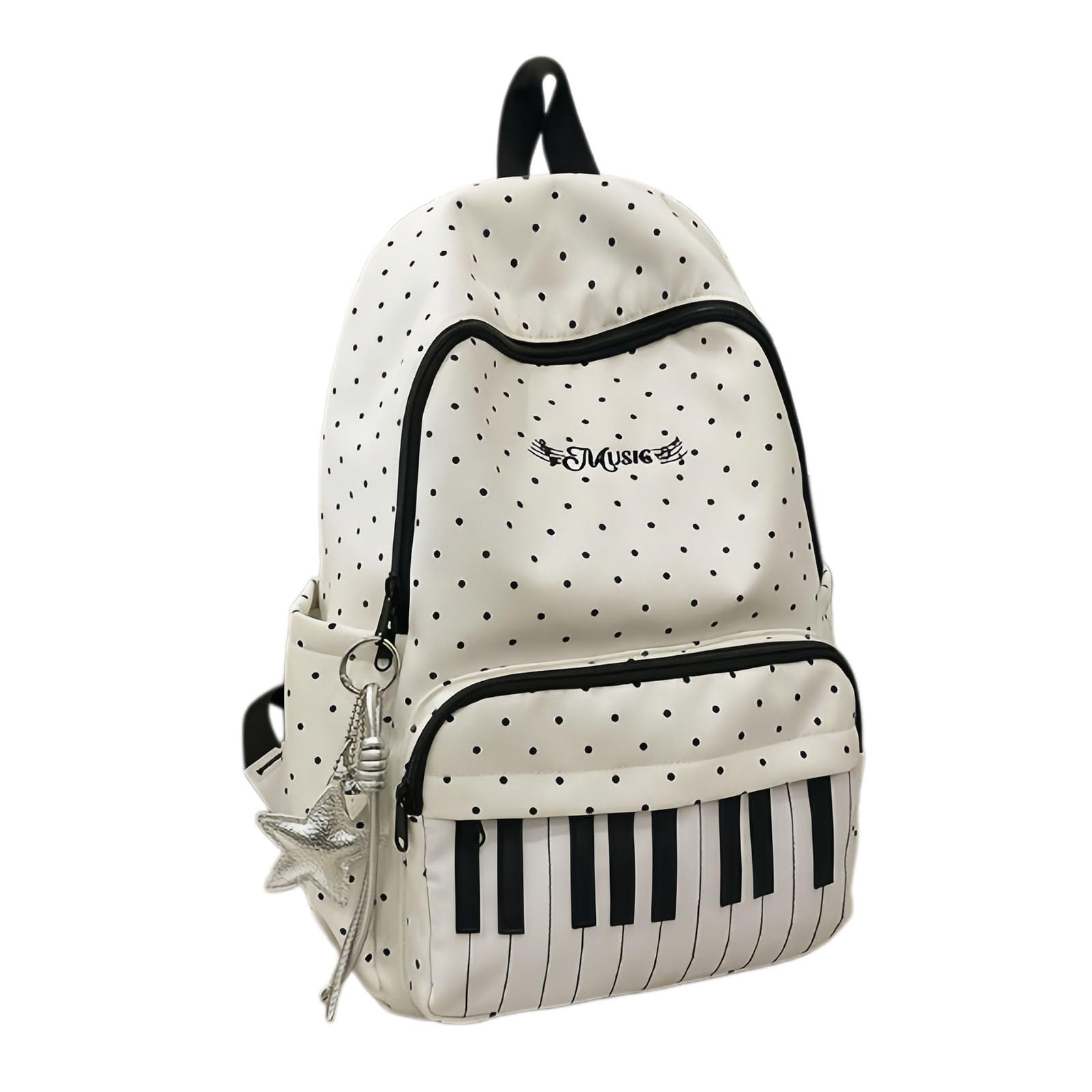 Jeeeun Piano Backpack, Cute Polka Dot Music Backpack for Women with Pendant, Lightweight Daypack for College, Travel & Everyday Use (White)