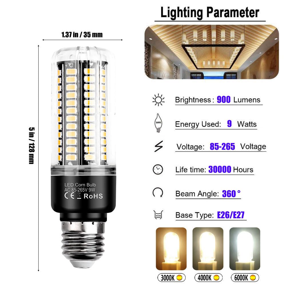 E26/E27 LED-Leuchtmittel, Maisglühbirne mit hoher Helligkeit, 9 Watt, 900 Lumen, 360° Abstrahlwinkel, 3000 K 6000 K AC 85 V ~ 265 V (10er-Pack)