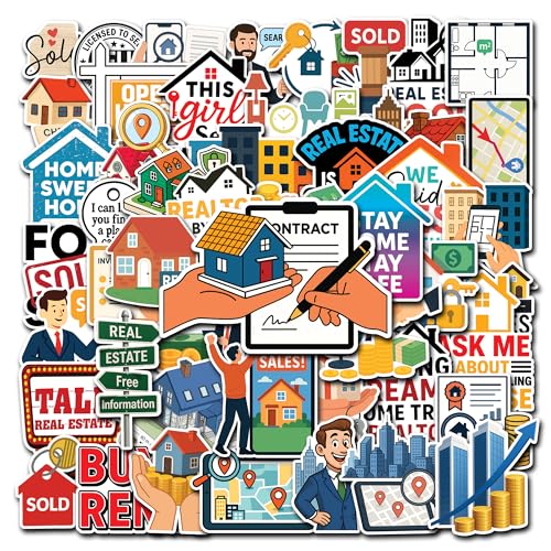 HIZILY 50 Pcs Real Estate Stickers Funny Realtor Sticker Waterproof Work Vinyl Decal Laptop Water Bottle Tablet Phone Scrapbook Luggage Cup Helmet Office Decor Gifts for Adults Coworkers Agent