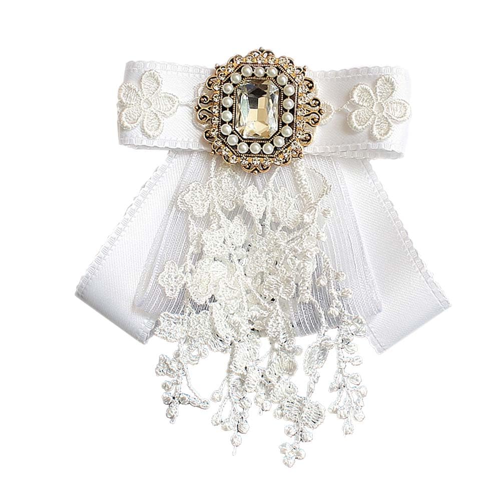 Lace Ribbon Bow Tie Brooch Rhinestone Pearl Necktie for Girl Women Fashion jabot collar brooch pins Pre-Tied Corsage