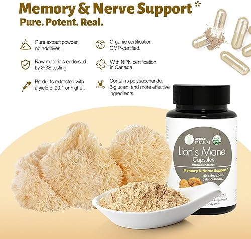 Miniatura 2 de Herbal Treasure Lions - Cápsulas de suplemento de melena de leones, hechas con polvo de melena de león orgánico para claridad mental y suplementos