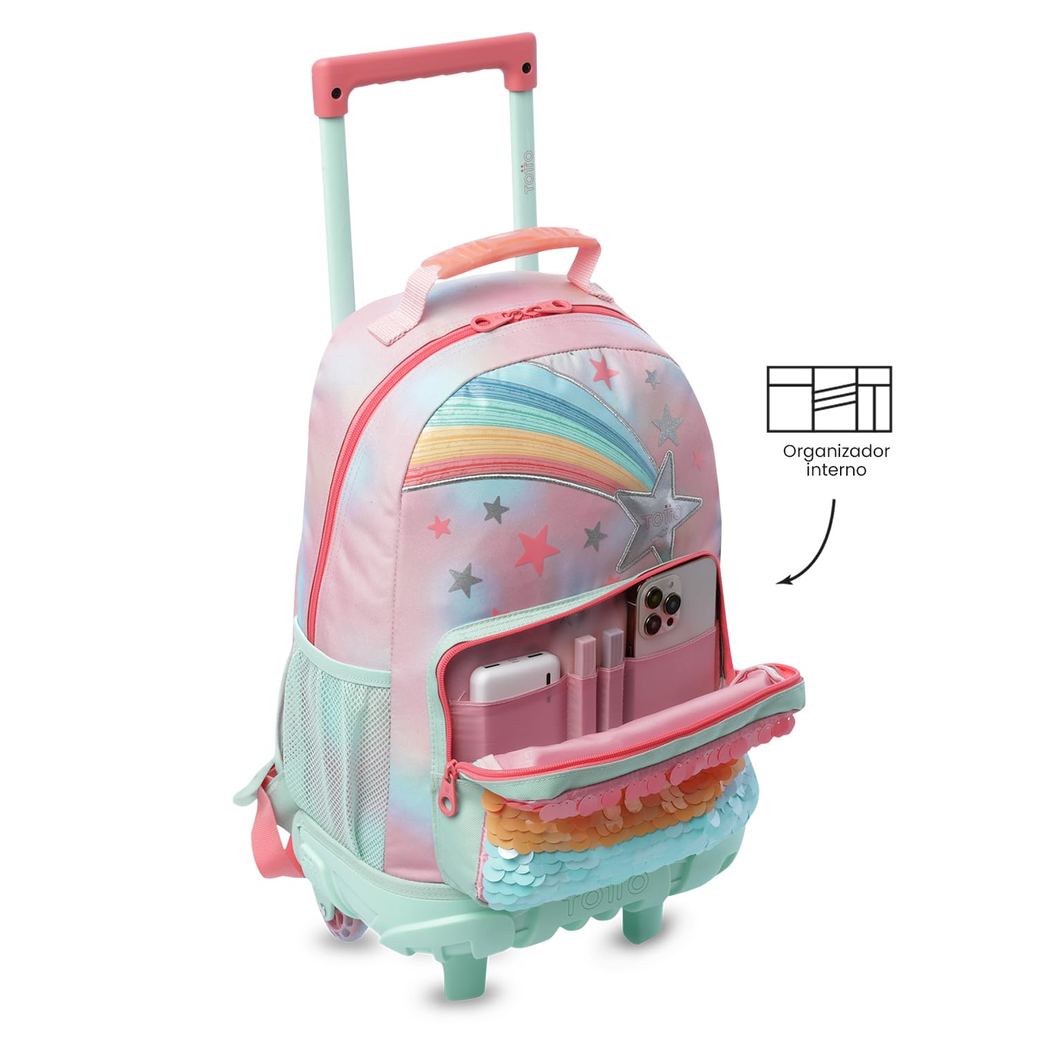 TOTTO - Mochila Escolar con Ruedas, Modelo Rainbow Star M, Mochila Mediana, Capacidad 23 L, Bolsillos Botella, Compartimento Frontal, Protección en la Base, Correas Ajustables, Estampado Rosa