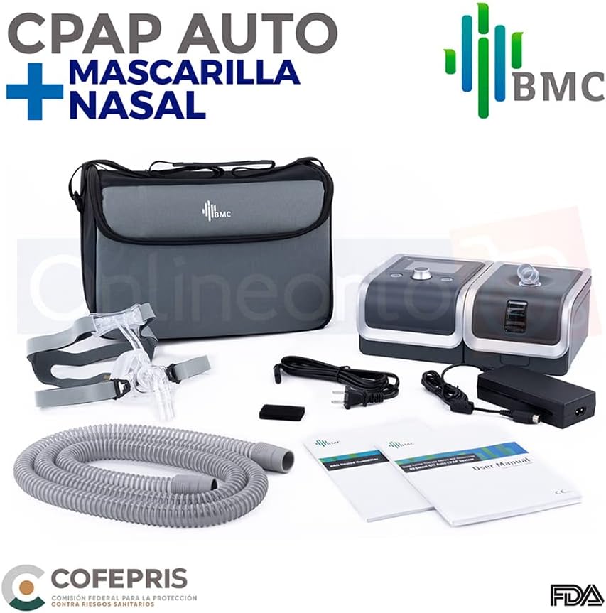All components of the BMC CPAP system laid out, including the main unit, humidifier, tubing, power supply, travel bag, and two types of masks.