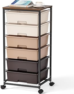 Rolling Storage Cart with Drawers,Utility Cart with 6 Large Drawers and Wooden Tabletop,Craft Storage Cart with Lockable Wheels for Bedroom, Office, Classroom, Kids'Room, Living Room (Brown)
