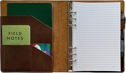 Miniatura 7 de Fan&Ran Diario de cuero recargable con forro de papel, organizador de carpeta de cuero A5 para hombres y mujeres, 100 hojas, marrón