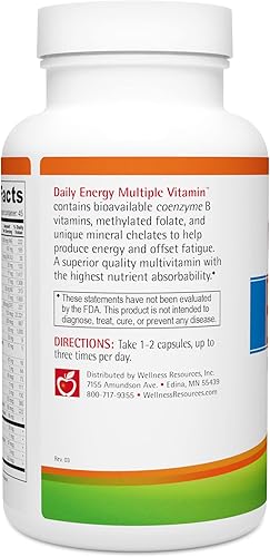 Miniatura 7 de Wellness Resources Daily Energy Vitamina múltiple  Vitaminas 100% coenzima B, incluyendo metilfolato y metilado B12 con otros factores importantes
