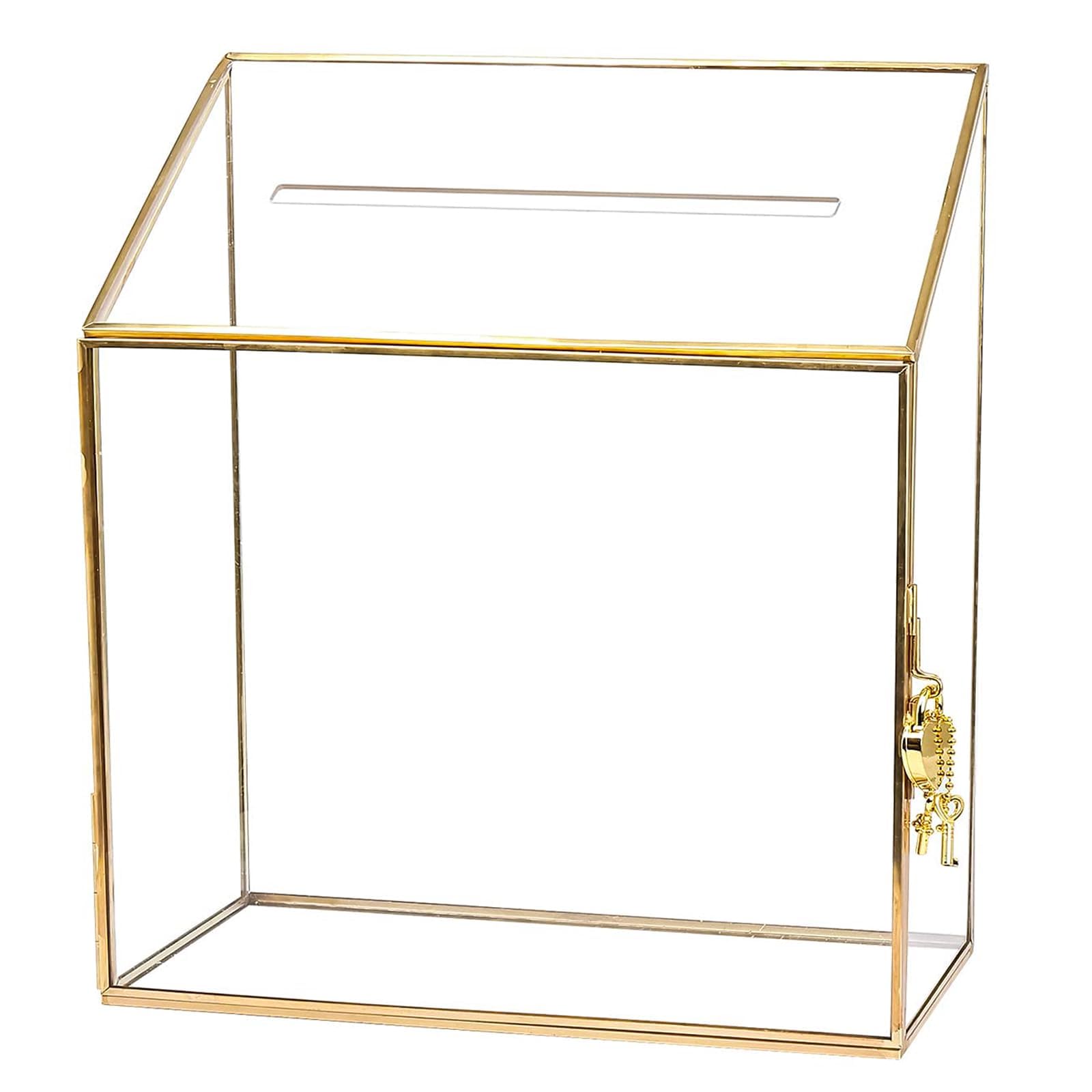 HighFree Large Wedding Card Box with Glass Sides & Acrylic Slot Lid, Handmade Brass Gold Geometric Card Box with Lock, Clear Keepsake Display for Wedding Reception & Decor (7.9x3.9x9.8 in)