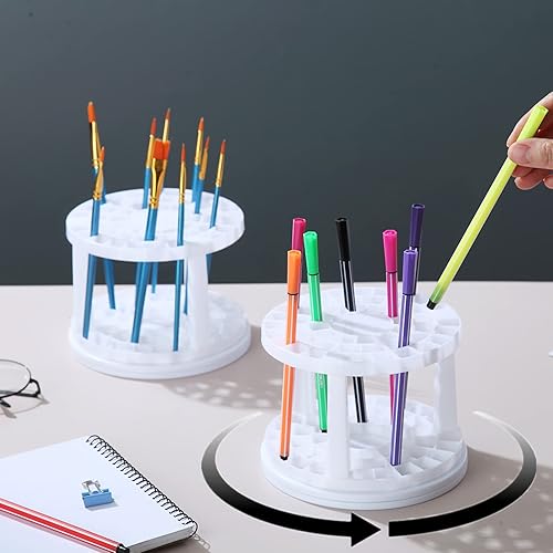 Miniatura 5 de Feadily Paquete de 2 organizadores de escritorio giratorios para pinceles de pintura, 49 agujeros para lápices, brochas de maquillaje, lápices de