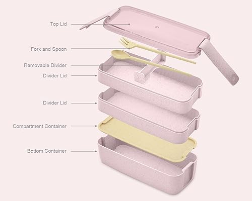 Miniatura 5 de KDBFHAL Lonchera Bento para adultos, compacta, apilable, 3 en 1, con compartimento Bento, con cuchara y tenedor popote de trigo para preparación de